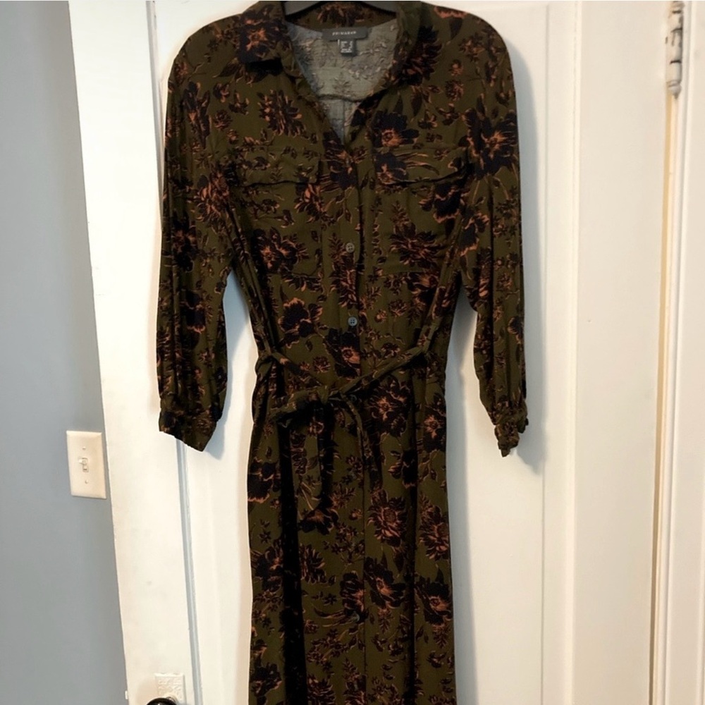 Primark Olive Green Floral Long Sleeve Midi Dress